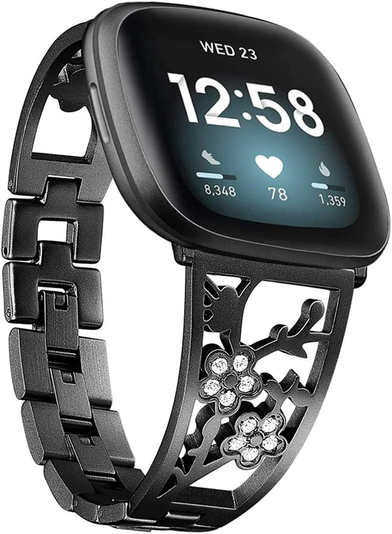 REQO Stainless Steel Bracelet Compatible with Fitbit Sense 2/Sense/Versa 4/Versa 3, Women Bling Replacement Bands Dressy Luxurious Wristbands for Ladies