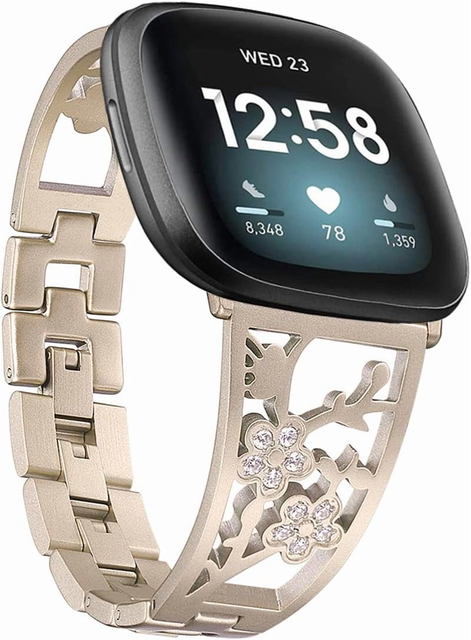 REQO Stainless Steel Bracelet Compatible with Fitbit Sense 2/Sense/Versa 4/Versa 3, Women Bling Replacement Bands Dressy Luxurious Wristbands for Ladies