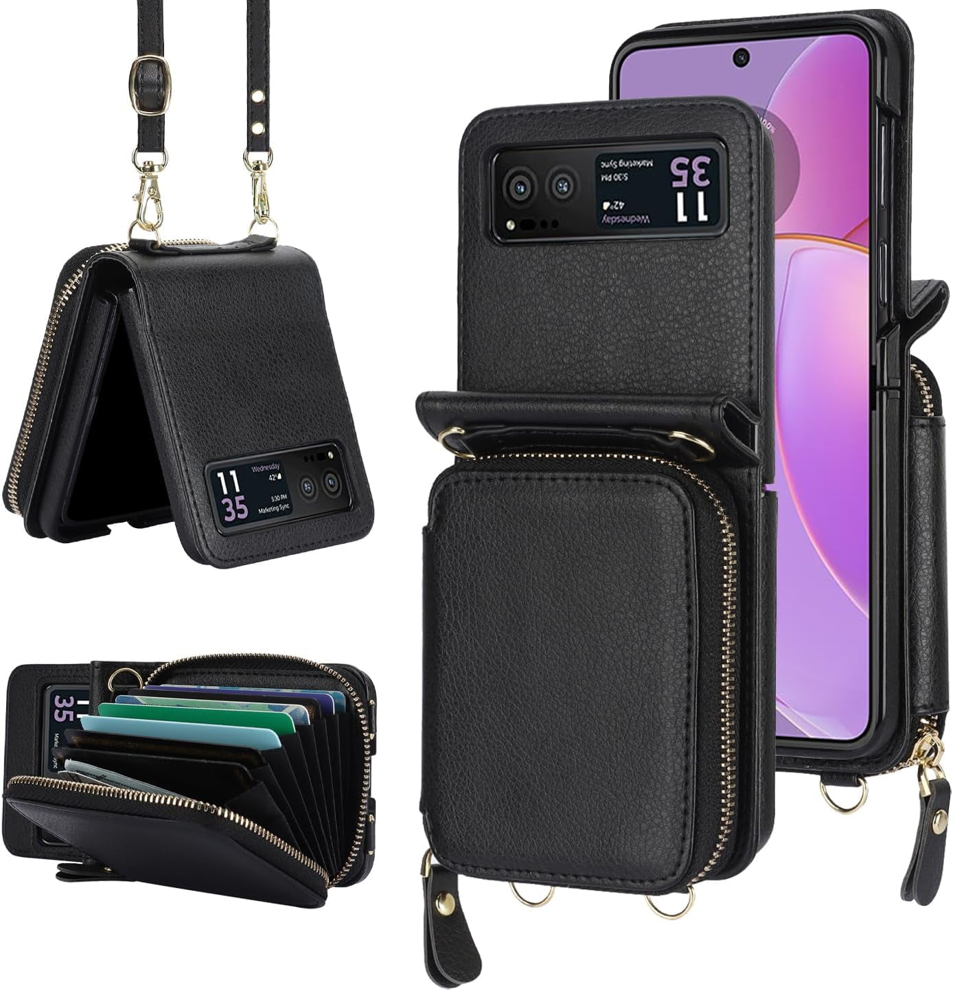 REQO Wallet Cell Phone Case with Lanyard for Motorola Razr 40, Black
