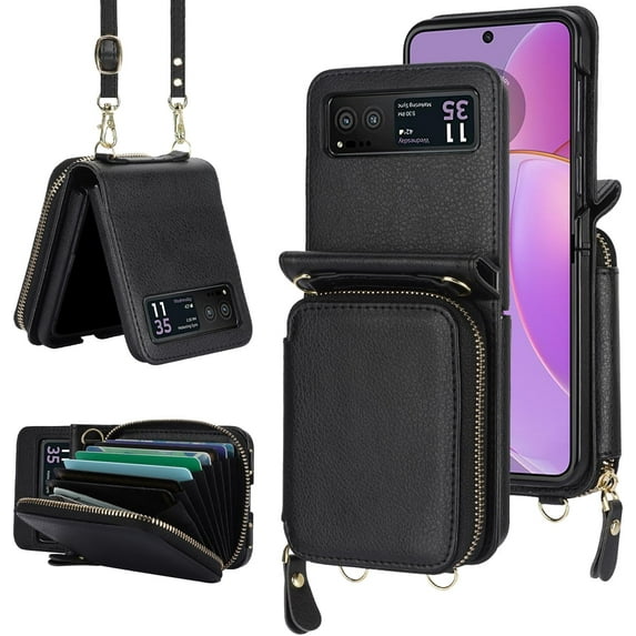 REQO Wallet Cell Phone Case with Lanyard for Motorola Razr 40, Black