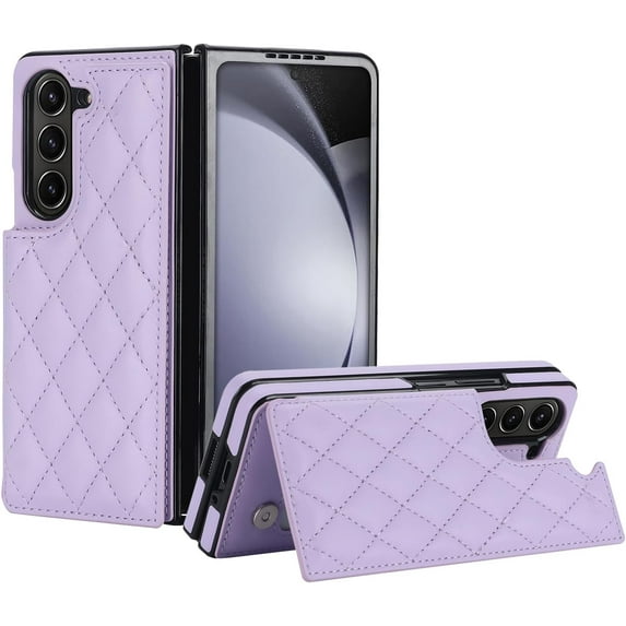REQO compatible with Samsung Galaxy Z Fold 6 Wallet Case with Credit Card Holder,Fold Premium Leather Magnetic Clasp Kickstand Heavy Duty Protective Cover (Purple)