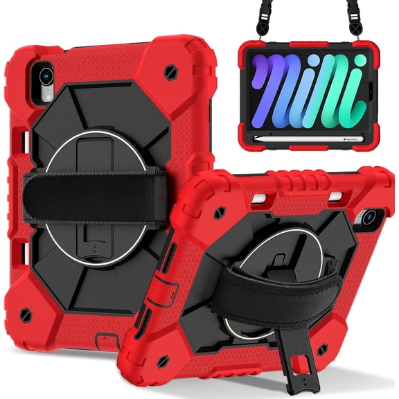 REQO for IPad Mini7 2024 Shockproof Protective Case : with Hand Strap Shoulder Strap Pen Holder and Kickstand.