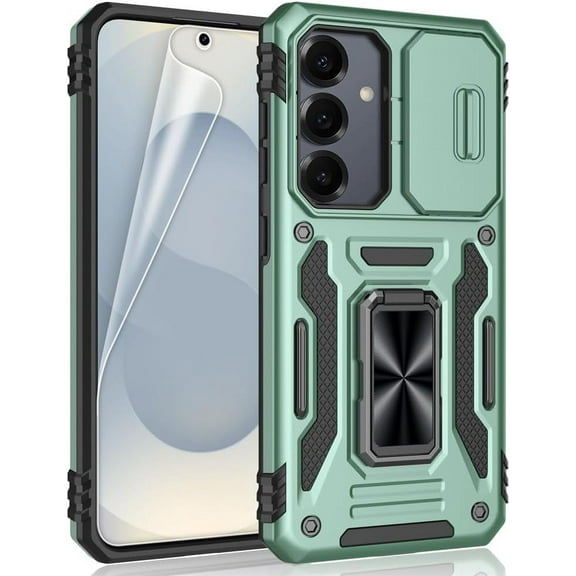 REQO for Samsung Galaxy S25 Case, Shockproof Phone Case & Sliding Camera Cover & Ring Holder Kickstand with Soft TPU Screen Protector