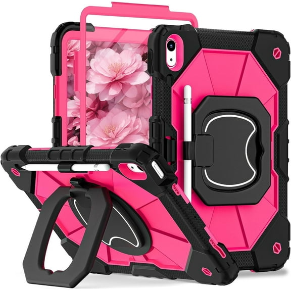 REQO iPad 10th Generation Case 10.9 Inch 2022, 360 Rotating Stand Case with Shoulder Strap Pen Holder for iPad Case 10th Gen (A2696/A2757/A2777), Pink