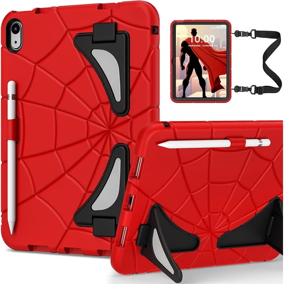 REQO iPad 10th Generation Case 2022, Kids Friendly iPad 10.9 Case with Kickstand Shoulder Strap Pencil Holder, Heavy Duty Protective Case for iPad 10th Generation 2022 Release, Red Black