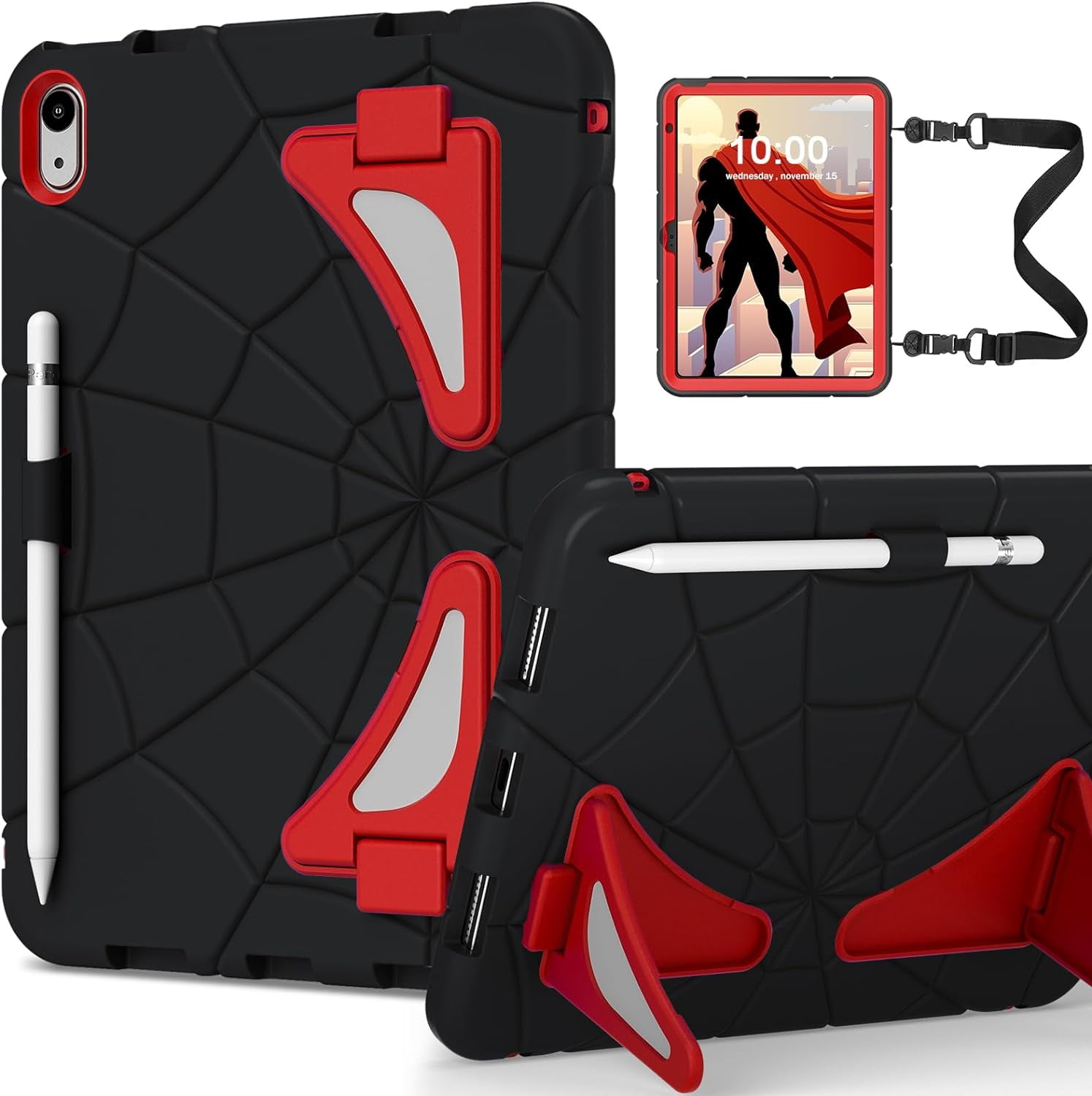 REQO iPad 10th Generation Case 2022, Kids Friendly iPad 10.9 Case with Kickstand Shoulder Strap Pencil Holder, Heavy Duty Protective Case for iPad 10th Generation 2022 Release, Black Scarlet