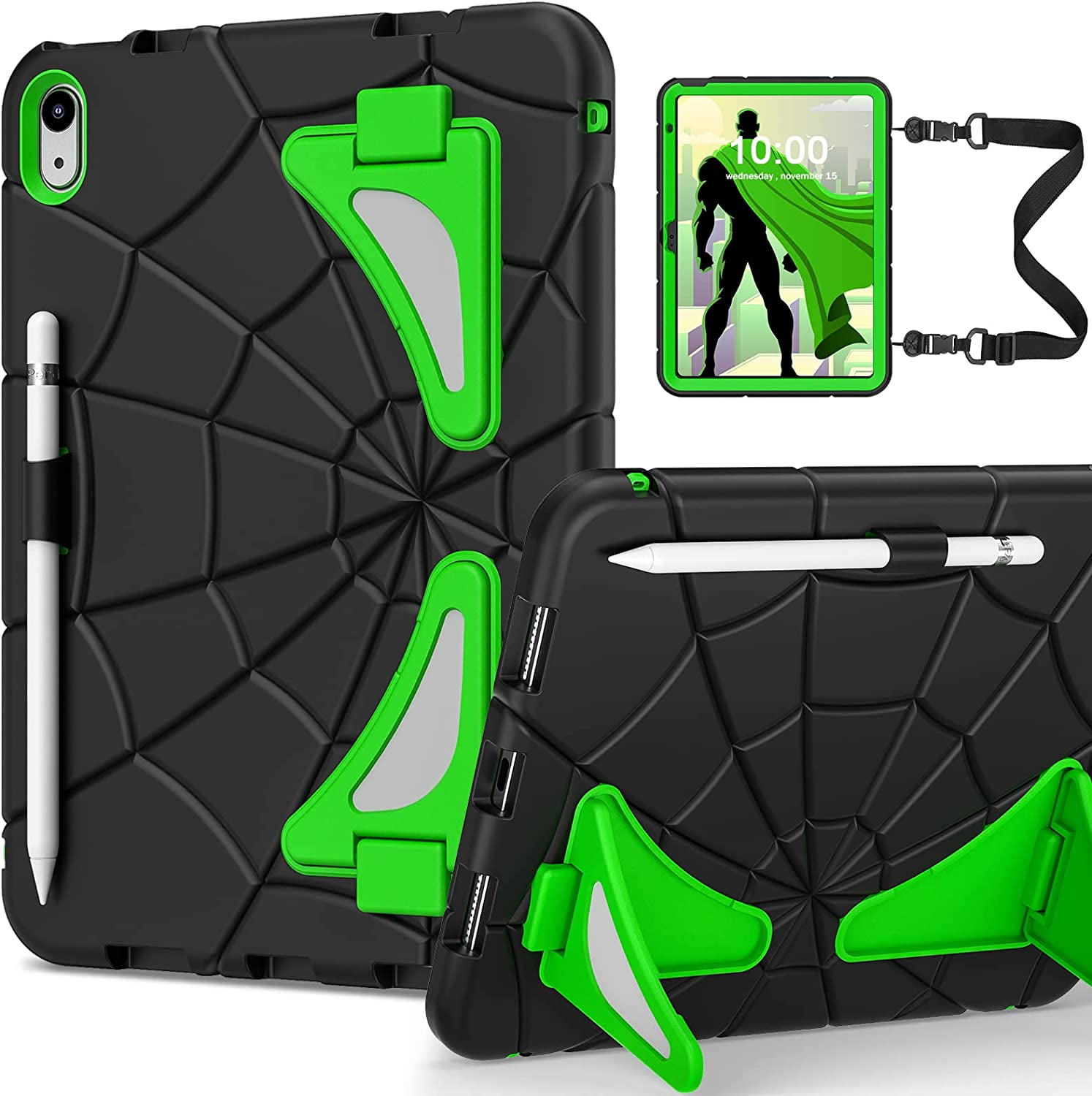 REQO iPad 10th Generation Case 2022, Kids Friendly iPad 10.9 Case with Kickstand Shoulder Strap Pencil Holder, Heavy Duty Protective Case for iPad 10th Generation 2022 Release, Black Shamrock