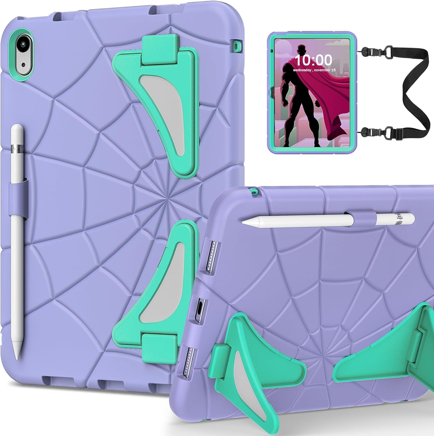 REQO iPad 10th Generation Case 2022, Kids Friendly iPad 10.9 Case with Kickstand Shoulder Strap Pencil Holder, Heavy Duty Protective Case for iPad 10th Generation 2022 Release, Purple Mint