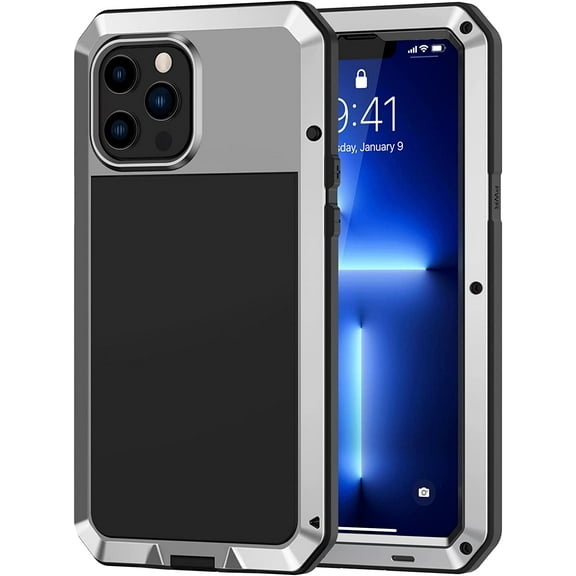 REQO iPhone 13 Pro Metal Case, Heavy Duty Shockproof Tough Rugged Case with Built-in Glass Screen Protector, 360 Full Body Protective Cover for iPhone 13 Pro 6.1 inch, Silver