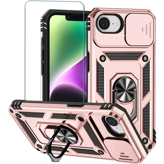 REQO for iPhone 16E Case with Screen Protector, Dual Layer Bumper Armor Case with Ring Holder Kickstand Full Body Protection Rugged Defender Case Compatible with Apple iPhone 16e (2025 6.1")