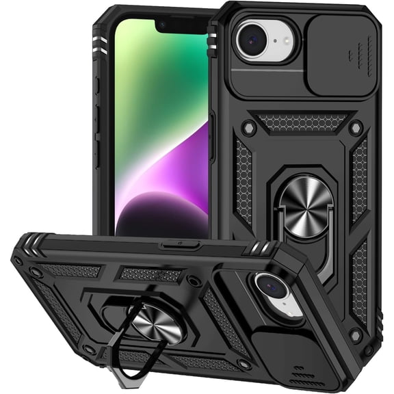 REQO for iPhone 16e Case 2025 with Stand Ring Holder & Slide Camera Cover for Apple iPhone 16e Phone Case Silicone&PC Magnetic Heavy Duty Rugged Hard Military Grade Protective Cover
