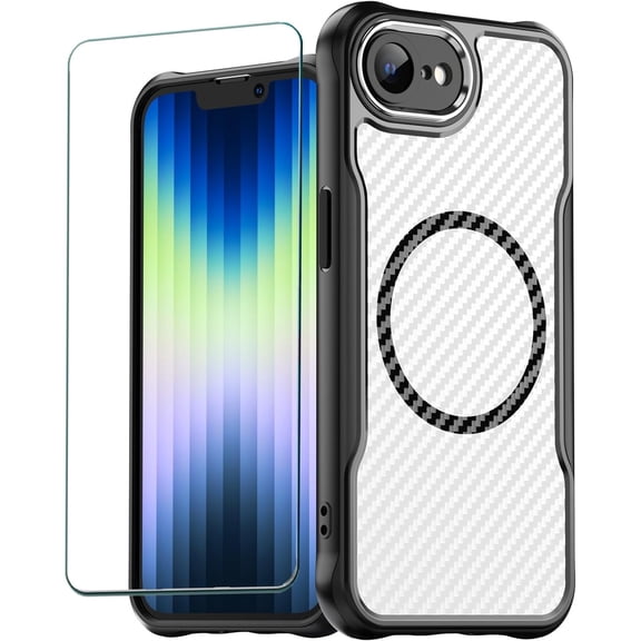 REQO for iPhone 16e Phone Case with Screen Protector, Flexible Slim Carbon Fiber [Support Wireless Charging] Protection Bumper Hard Rubber Case Compatible for Apple iPhone 16e (2025 6.1")
