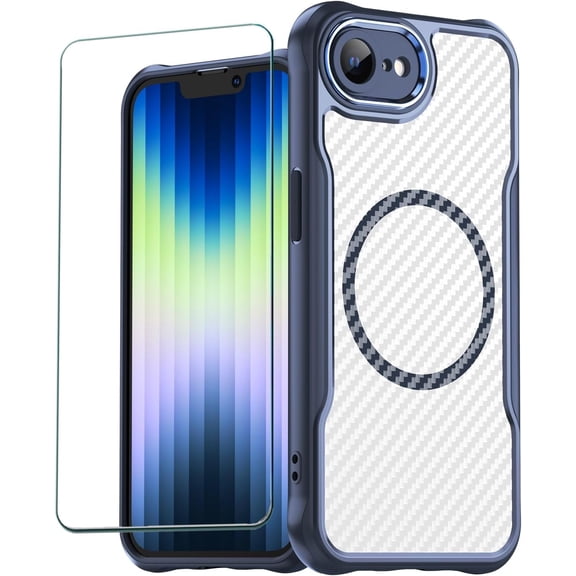 REQO for iPhone 16e Phone Case with Screen Protector, Flexible Slim Carbon Fiber [Support Wireless Charging] Protection Bumper Hard Rubber Case Compatible for Apple iPhone 16e (2025 6.1")