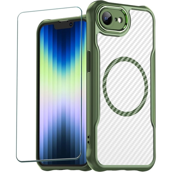REQO for iPhone 16e Phone Case with Screen Protector, Flexible Slim Carbon Fiber [Support Wireless Charging] Protection Bumper Hard Rubber Case Compatible for Apple iPhone 16e (2025 6.1")