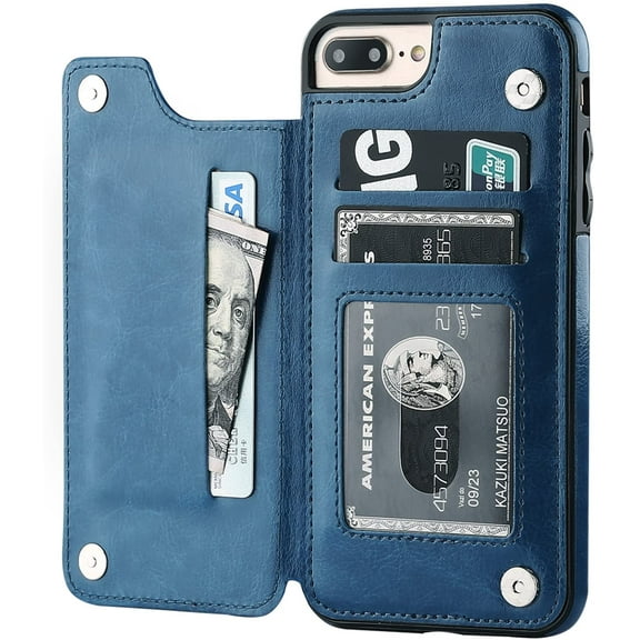REQO iPhone 7 Plus iPhone 8 Plus Wallet Case with Card Holder, Premium PU Leather Kickstand Card Slots Case,Double Magnetic Clasp and Durable Shockproof Cover 5.5 Inch(Blue)
