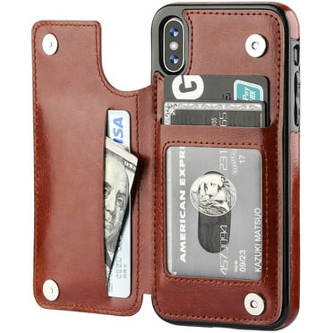 REQO iPhone Xs iPhone X Wallet Case with Card Holder,REQO Premium PU Leather Kickstand Card Slots Case,Double Magnetic Clasp and Durable Shockproof Cover(Brown)