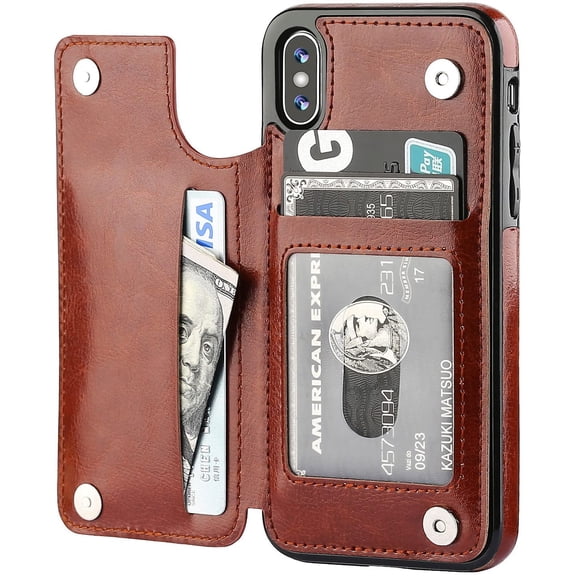 REQO iPhone Xs iPhone X Wallet Case with Card Holder,REQO Premium PU Leather Kickstand Card Slots Case,Double Magnetic Clasp and Durable Shockproof Cover(Brown)