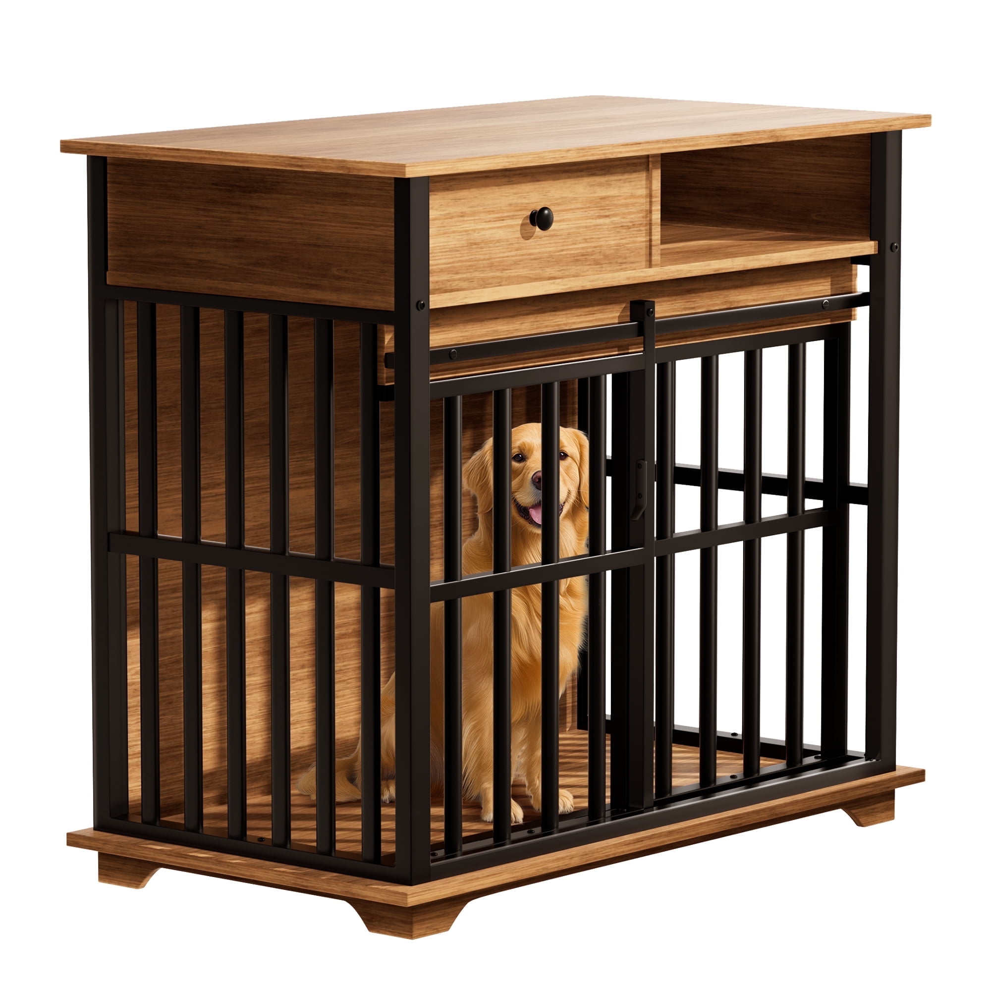 RERIOU 36" Dog Crate with Double Storage Cabinets, Indoor Dog Kennel Table with Sliding Door & Removable Tray, Rustic Brown Pet Cage for Medium & Large Dogs, Decorative Home Furniture