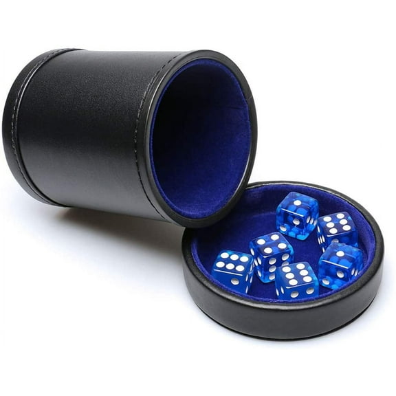 RERIVER PU Leather Dice Cup with Lid, Blue Velvet Interior Quiet Dice Shaker Cup Including 6 BlueTranslucent Dice for Liars Dice/Farkle/Yahtzee Games, 1 Pack