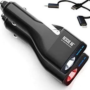 RESCUE A6 Emergency 6-in1 Car Crash Safety Device USB Car Charger Tool - Glass Window Breaker - Seat Belt Cutter - 2200mAh Power Bank - Powerful LED Flashlight - Red Emergency Beacon (2 Pack)