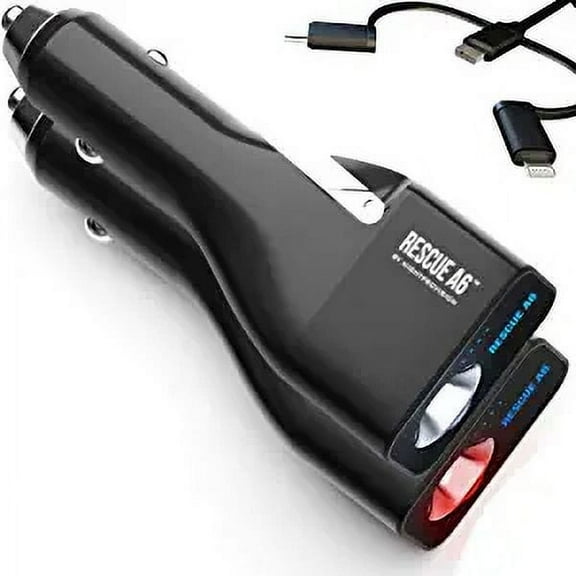 RESCUE A6 Emergency 6-in1 Car Crash Safety Device USB Car Charger Tool - Glass Window Breaker - Seat Belt Cutter - 2200mAh Power Bank - Powerful LED Flashlight - Red Emergency Beacon (2 Pack)
