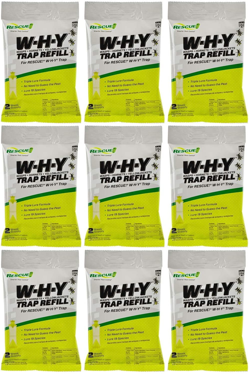 RESCUE! Non-Toxic Wasp, Hornet, Yellowjacket Trap WHY Trap Attractant Refill - 2 Week Refill - 9 Pack