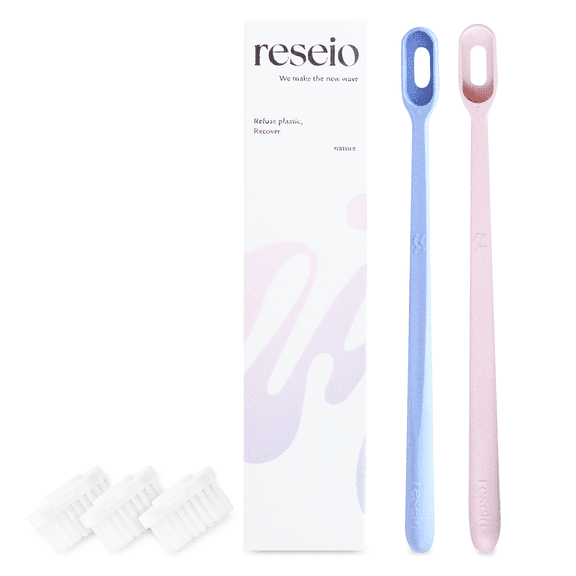RESEIO Eco Toothbrush Set with 3 Replaceable Heads - Soft Bristles, Travel Pouch Included