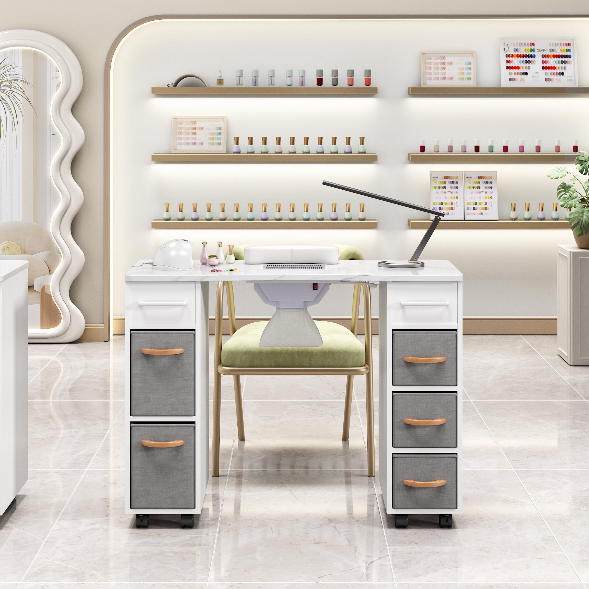 Manicure Table Nail Desk With Glass Top Wrist Rest Electric Dust Collector Storage Drawers Cabinet, Beauty Salon Workstation For Nail Tech
