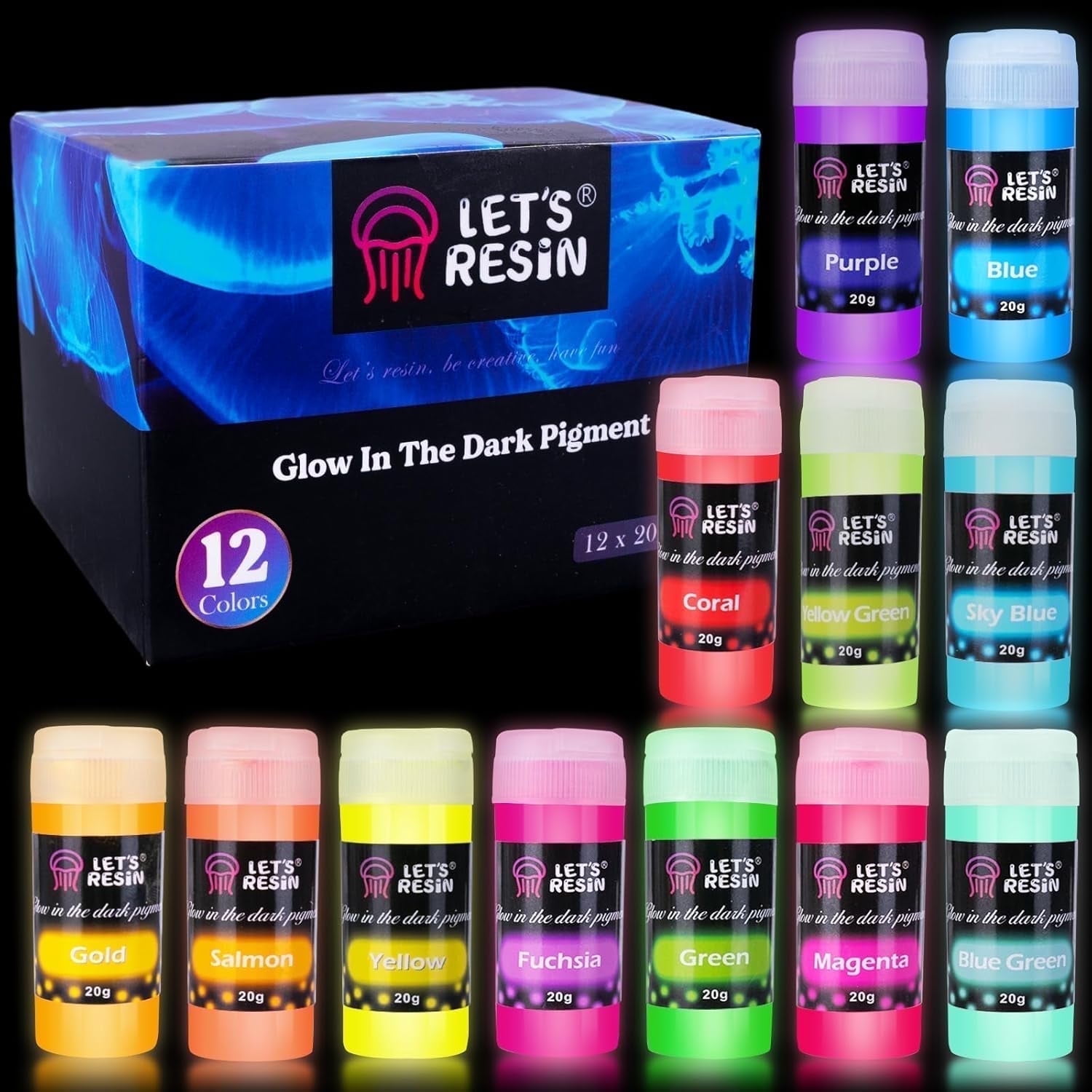 LET'S RESIN 12 Colors Glow in the Dark Pigment Powder, 20g/0.7oz Each Bottle Epoxy Resin, for Slime, Acrylic Paint, Christmas Decoration