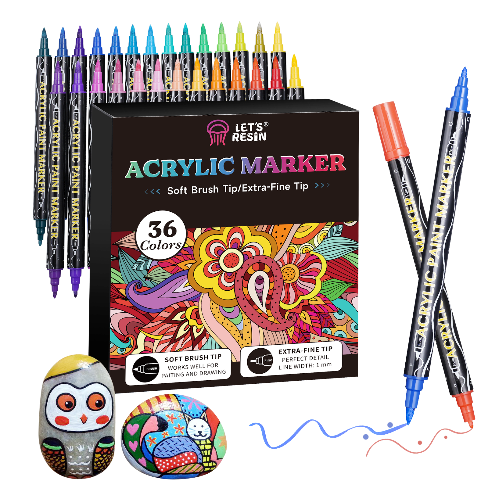 LET'S RESIN 36 Acrylic Paint Pens Markers, Fine&Brush Dual Tip Markers, Strong Coverage Bright Colored Pens for Rocks, Canvas, Wood, Glass, Fabric, Plastic, Drawing Supplies, Acrylic Paint Set