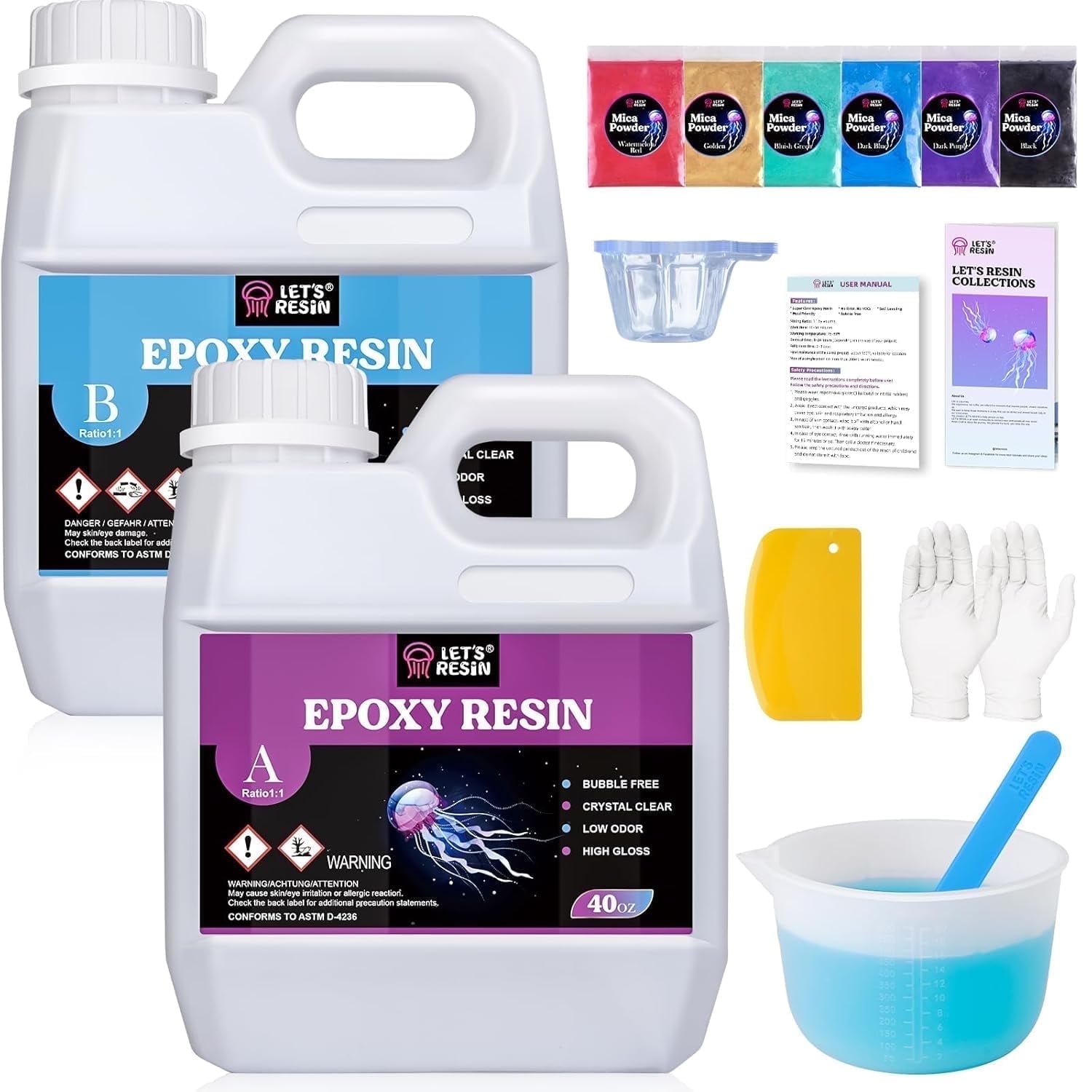 LET'S RESIN Epoxy Kit - 80oz Crystal Clear, Bubble Free with Mica Powders & Tools for Jewelry & Molds