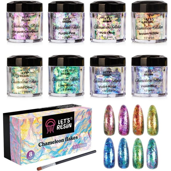 LET'S RESIN Chameleon Chunky Flakes, Resin Supplies-8 Color Intense Colorshift Pigment Powder For Resin Crafts/Tumblers, Chrome Powder Iridescent Flakes For Nail Art/Paints/Soap Making