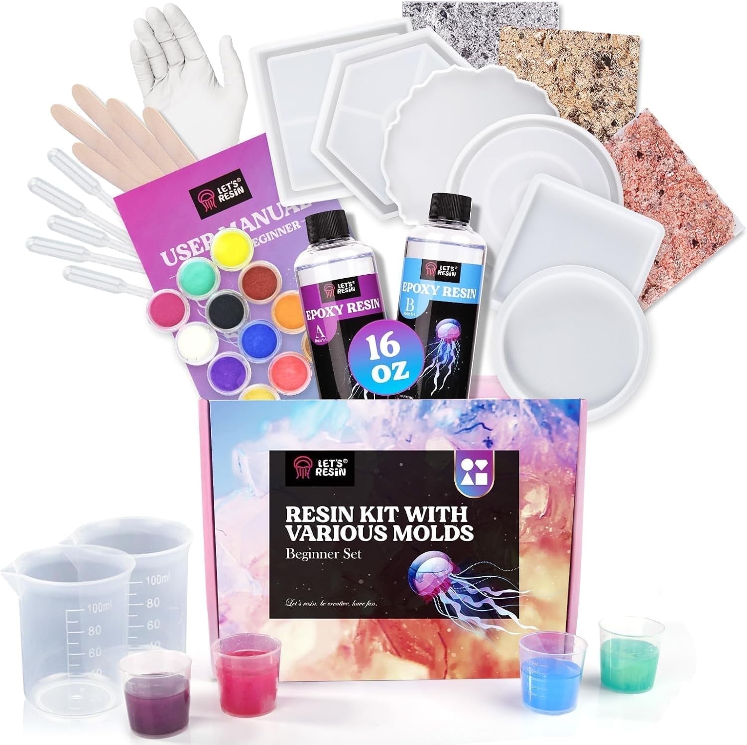 LET'S RESIN Coaster Kit, DIY Epoxy Resin Kit with Molds, 16oz Resin Art Kit Starter Kit for Beginners, Include Epoxy Resin, Coaster Molds and Mica Powder, Ideal Resin Craft Gift Set,