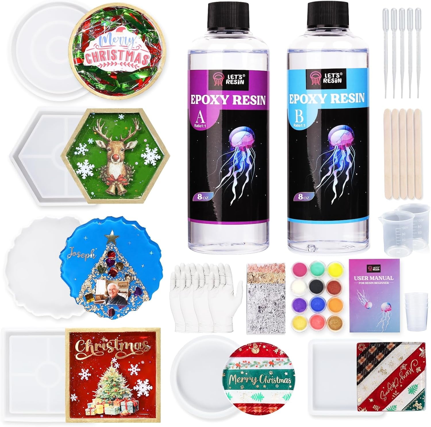 LET'S RESIN Coaster Kit, 16oz Resin Art Kit Starter Creative Kit for Beginners, Include Epoxy Resin, Coaster Molds and Mica Powder, Ideal Resin Craft Gift Set,Gift For Christmas, Holiday