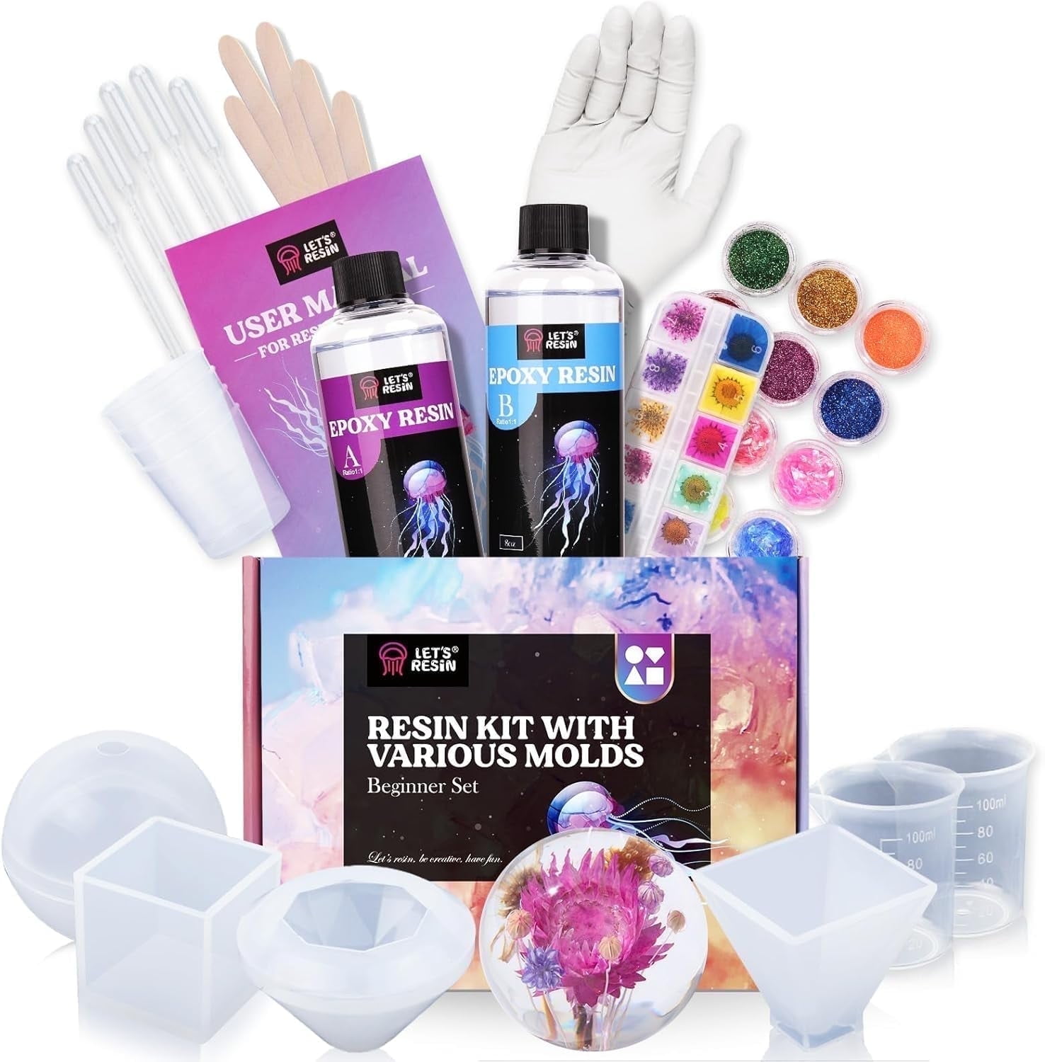 LET'S RESIN Epoxy Resin Kits, 16oz Resin Art Kit with Silicone Molds, Pigment, Dried Flowers, Crafts for Adults, Beginners, DIY Gift for Christmas