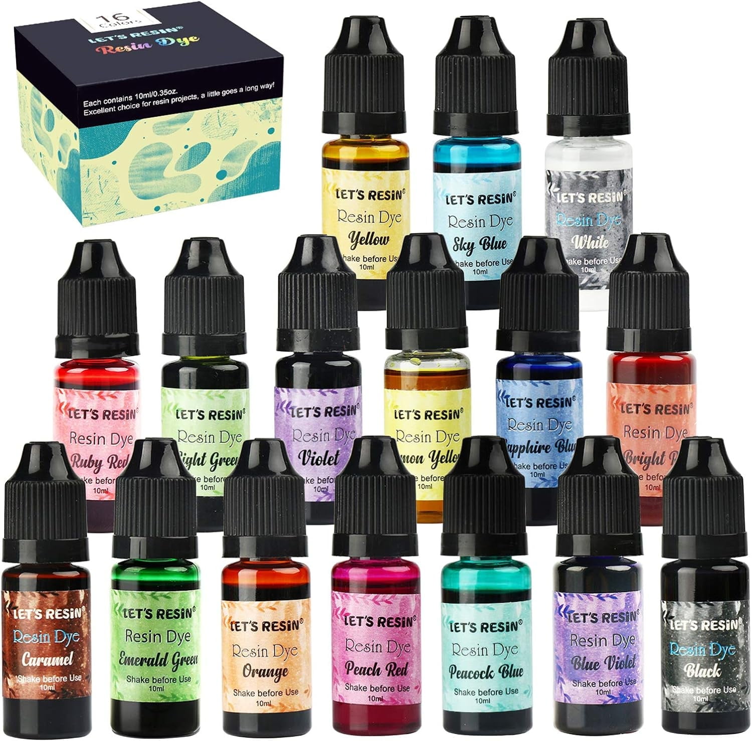 LET'S RESIN Epoxy Resin Paint Pigment 16 Color Concentrated Liquid Epoxy Resin Dye, Colorant for Resin Coloring, Resin Jewelry, Resin Art Crafts DIY Making (Each 0.35oz)