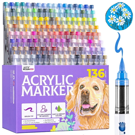 LET'S RESIN PAINT136 Colors Acrylic Paint Markers Direct Liquid,Brush Tip Acrylic Paint Pens for Coloring,Water-Based Acrylic Markers for Drawing,Painting,Canvas,Art Supplies,Craft