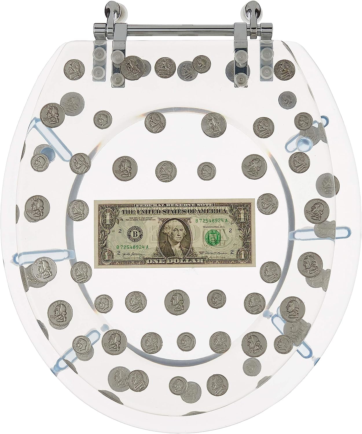 RESIN TOILET SEAT BIG MONEY DOLLAR, COINS, STANDARD ROUND CHROME HINGE