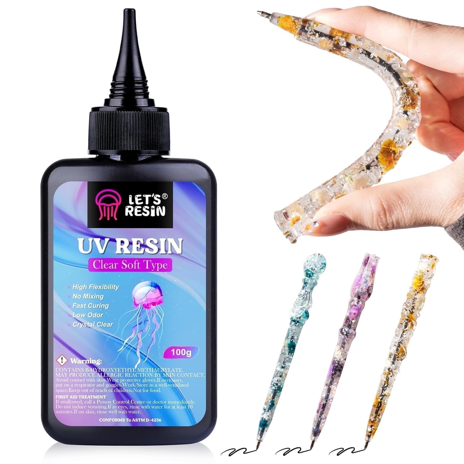 LET'S RESIN UV Resin Soft Type, 100g Elastic&Bendable Crystal Clear Ultraviolet Epoxy Resin, Low Shrinkage UV Resin Kit for Crafts, Jewelry Making, Decoration