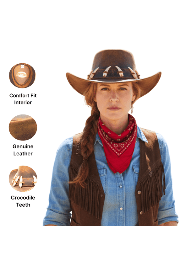 Australian Leather Hat with Crocodile Band Teeth - Dundee Style | Outback Hat for Men and Women