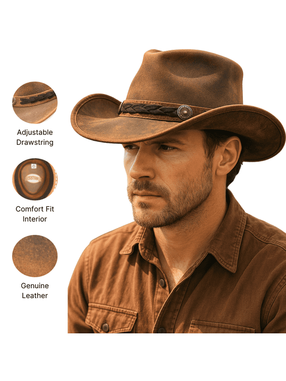 Premium Cowboy Hat, Australian Style Leather Western Outback Hat for Men & Women, Shapeable Brim