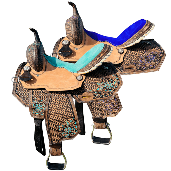 Resistance Premium Leather Western Barrel Saddle with Intricate Tooling – Turquoise and Purple Colors