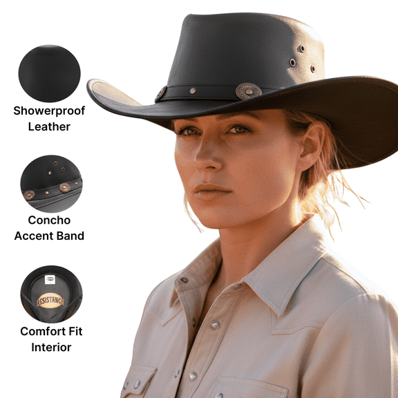 Resistance Western Cowboy Hat, Australian Outback Leather Hat for Men & Women, Showerproof Waterproof Leather Hat, Black & White, Sizes S–XXL