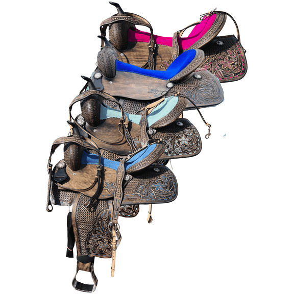 Resistance Antique Western Adult Barrel Saddle, Leather, with Tack Set