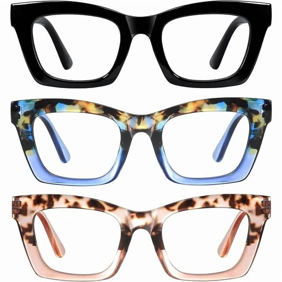 Oprah Style Reading Glasses 3 Pack Blue Light Blocking Square Fashion Readers with Spring Hinge Computer Eyeglasses for Women High Quality Adjustable Daily Handy