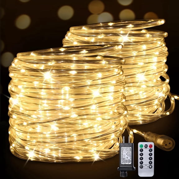 RESNICE Connectable Plug-in LED Rope Lights, 2 Pack 33FT 100LED Total 66FT 200LED, Waterproof 8 Modes Remote Warm White String Lights, Indoor Outdoor Decor for Patio Backyard Garden Home