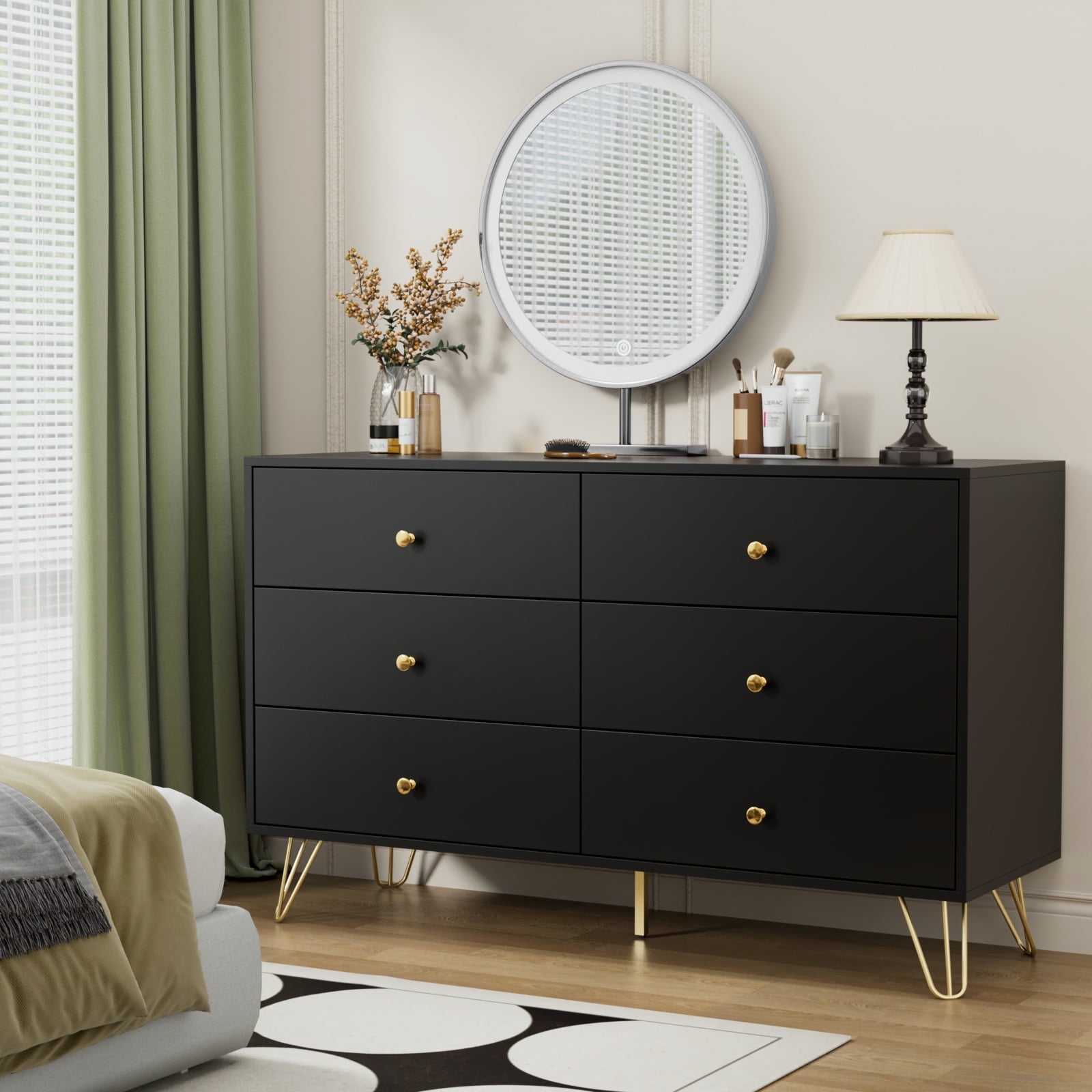 Black Modern 6-Drawer Dresser with Gold Handles