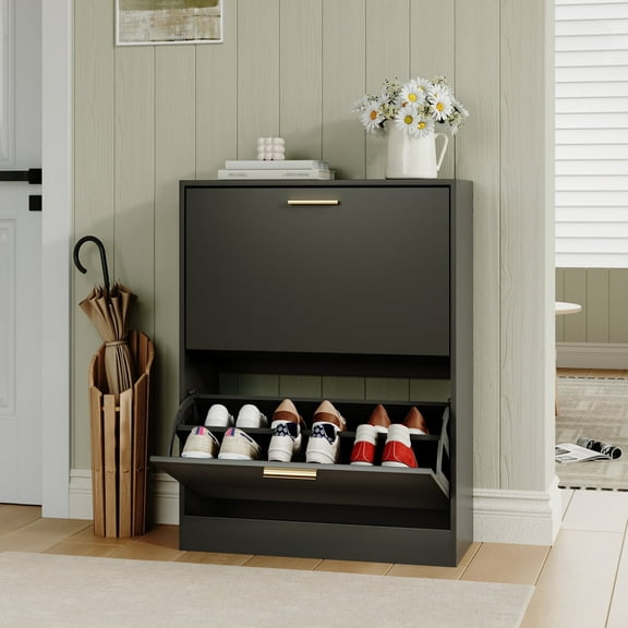 YouTrend Shoe Cabinet with 2 Flip Drawers Narrow Storage Cabinet Organizer for Entryway,Black