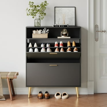 YouTrend Shoe Cabinet with 2 Flip Drawers and Open Shelf Shoe Organizer for Entryway, Black