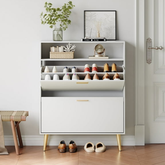 YouTrend Shoe Cabinet with 2 Flip Drawers and Open Shelf Shoe Organizer for Entryway, White